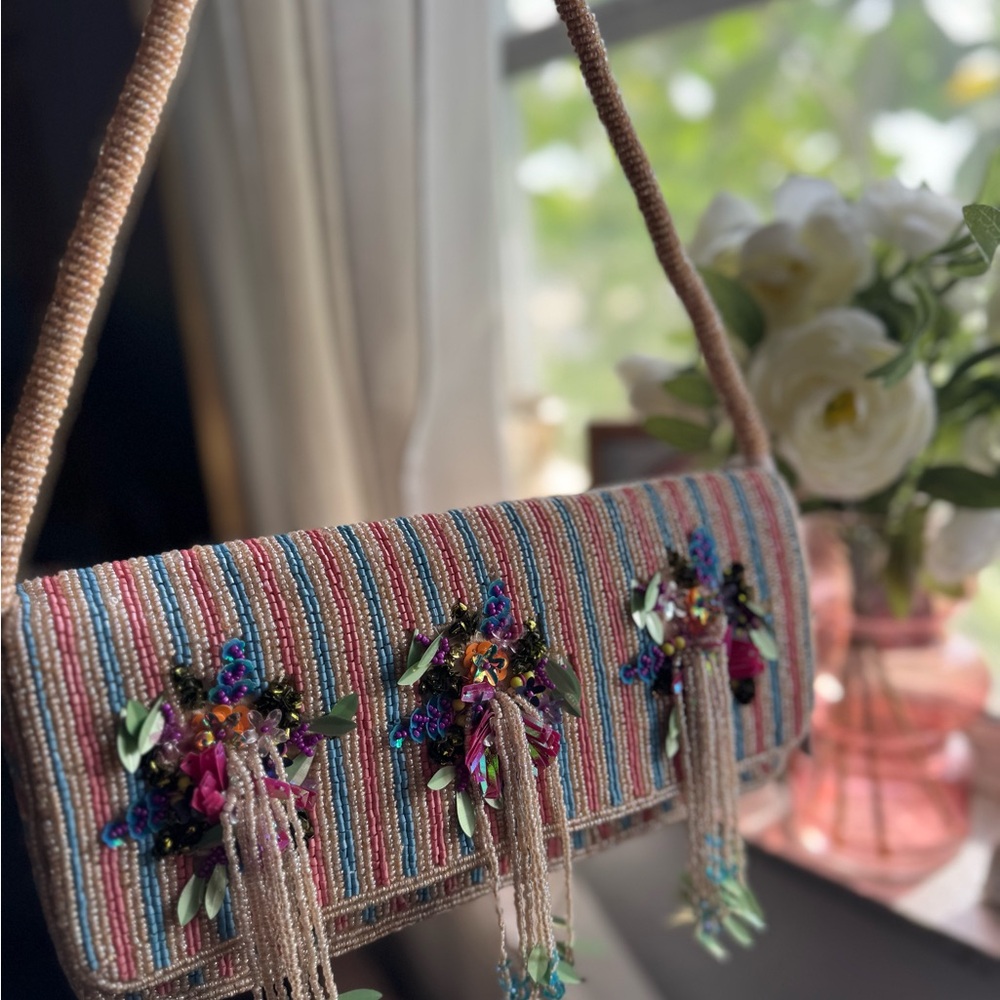 Marshalls Blue and Pink Beaded Shoulder Bag with Tassels
